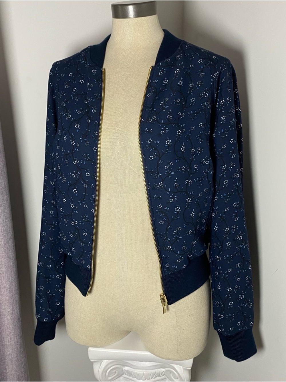 kate spade Reversible Bomber Jacket Navy Blue Micro Flowers Print
